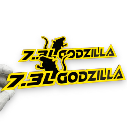 Ford 7.3 engine emblem with Godzilla dinosaur styling