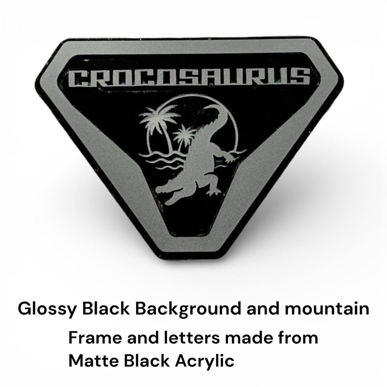 Close-up of crocodile alligator emblem for Ford Bronco, laser cut acrylic badge detail