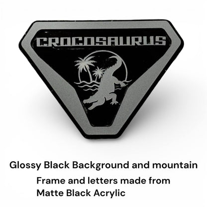 Close-up of crocodile alligator emblem for Ford Bronco, laser cut acrylic badge detail