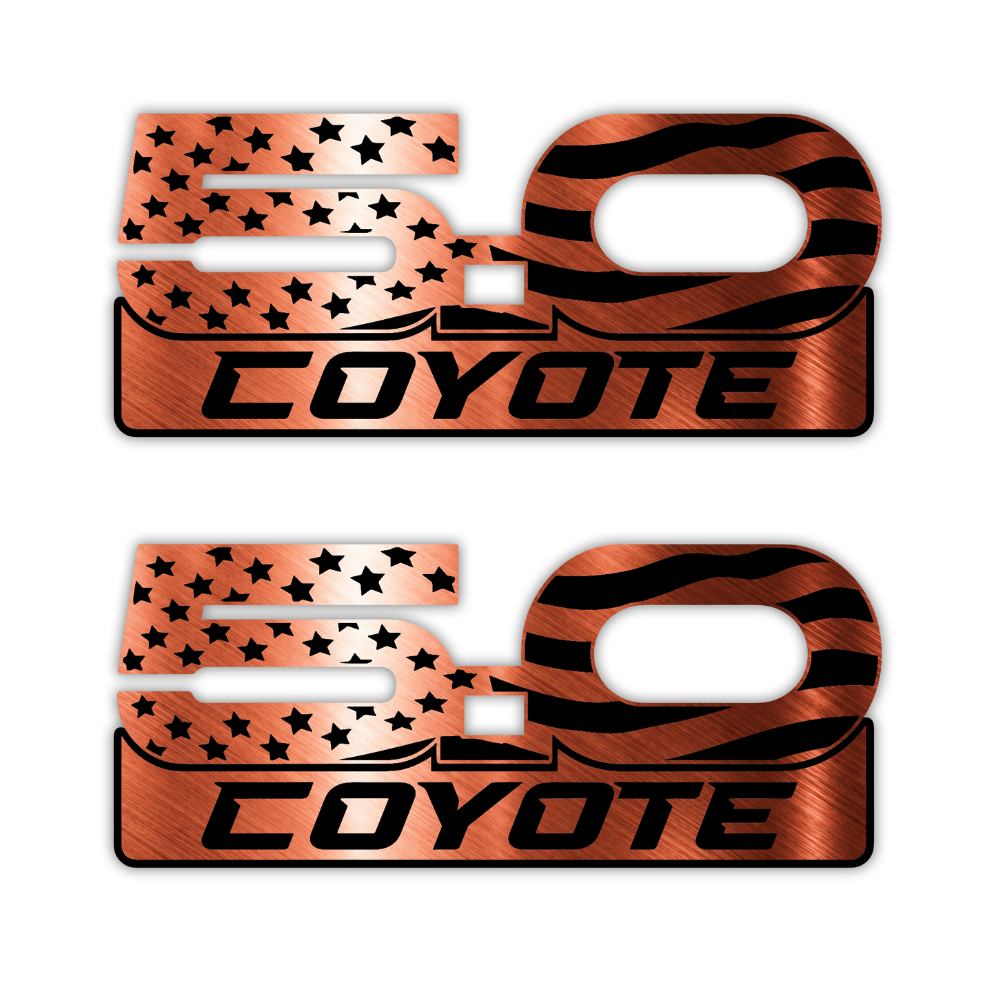 Coyote 5.0 USA flag engraved automotive emblem with silver and black finish