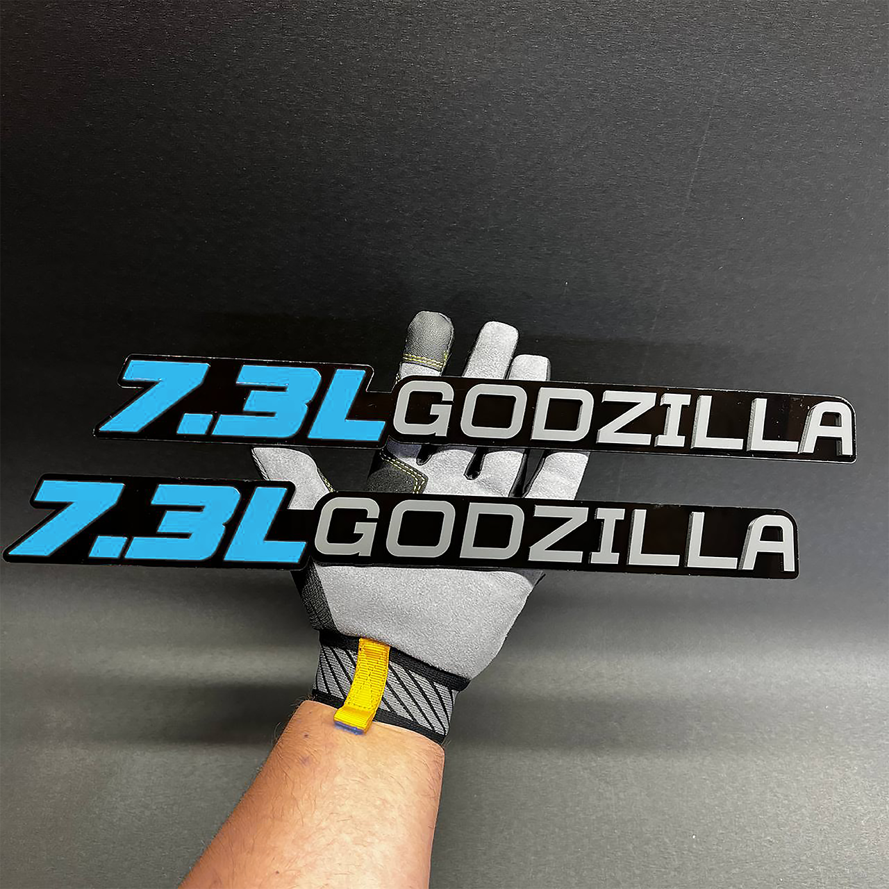 Matte 7.3 Godzilla V8 badge for Ford truck fender, hood, or tailgate accent.