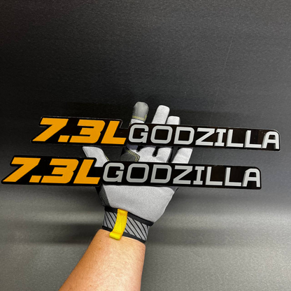 Custom Godzilla 7.3L matte black badge for Ford Super Duty performance look.