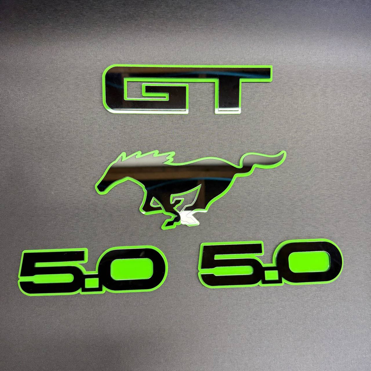Ford Mustang GT 5.0 Coyote V8 set of 4 custom car badges with GT, Pony and two 5.0 fender emblems
