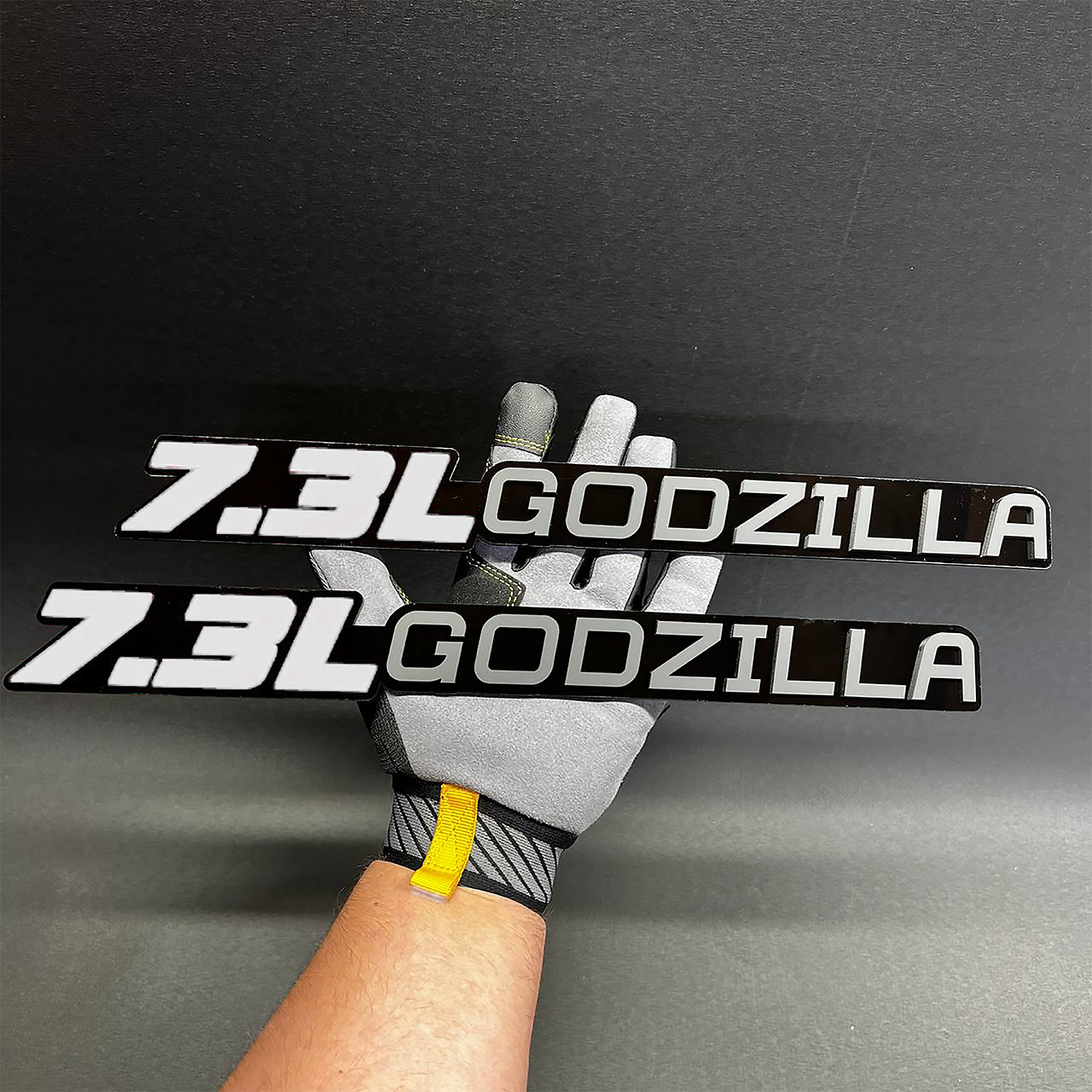 Custom 7.3L Godzilla matte acrylic badge for Ford Super Duty fender or tailgate.