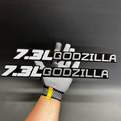 Custom 7.3L Godzilla matte acrylic badge for Ford Super Duty fender or tailgate.