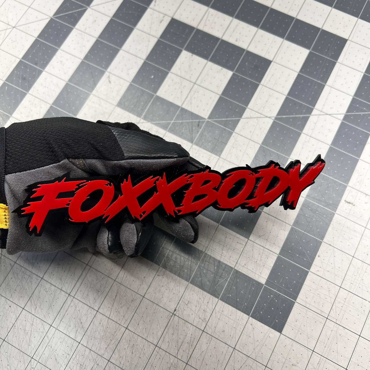 FOXBODY layered car badge emblem red on black acrylic design for performance vehicle styling