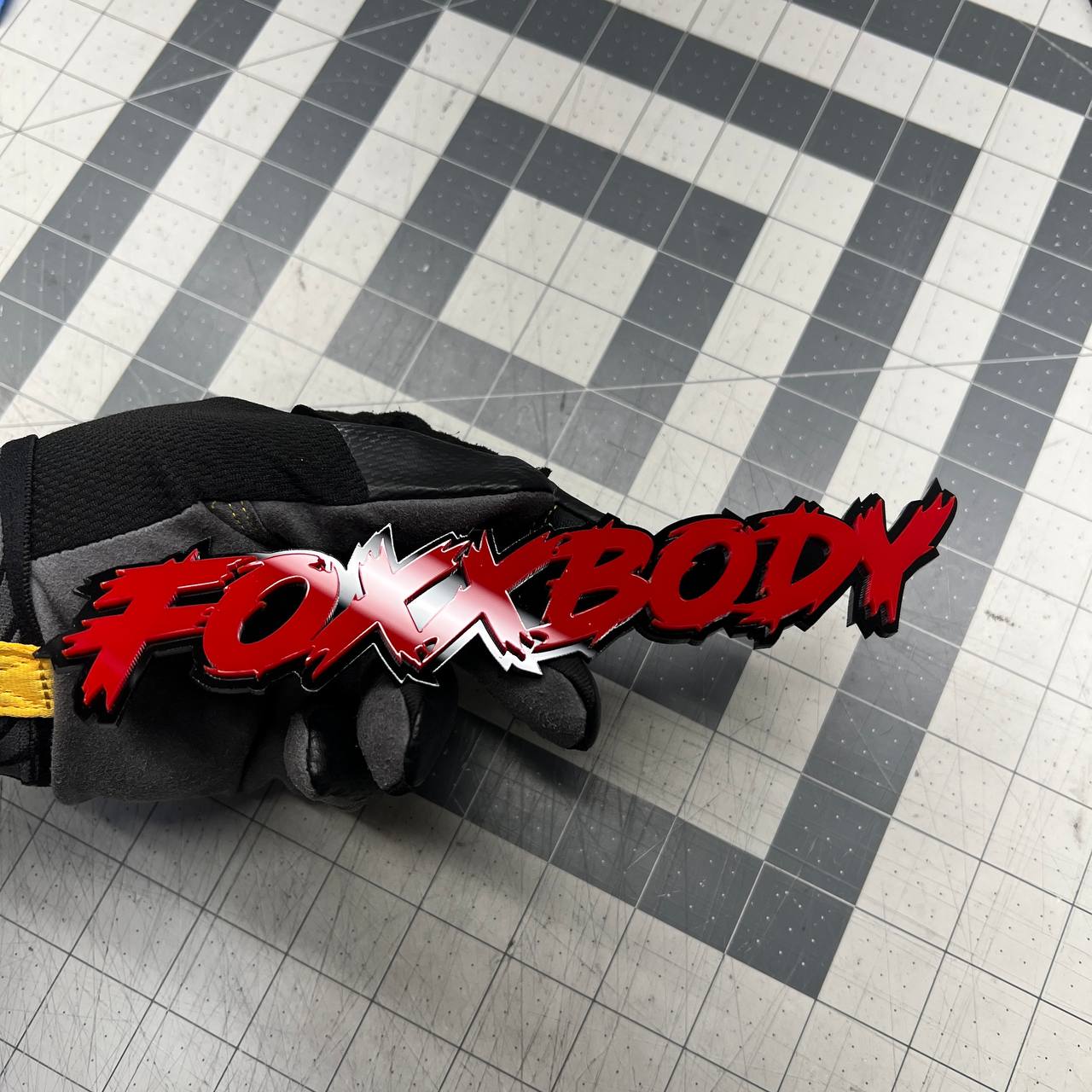 FOXBODY automotive acrylic emblem with aggressive muscle inspired lettering for tailgate hood