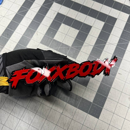 FOXBODY performance text badge acrylic emblem with layered red black design for muscle cars