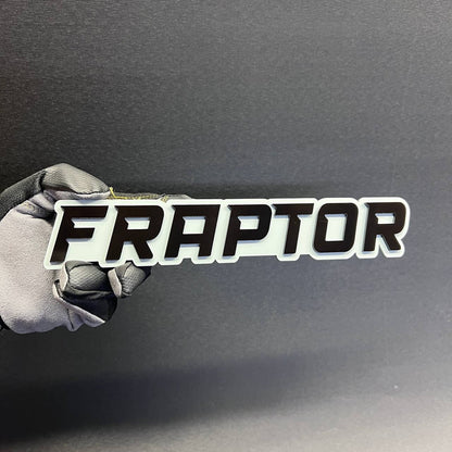 FRAPTOR black and white text car badge fender emblem for custom automotive exterior styling.