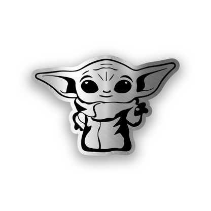 Grogu inspired engraved car badge with cute sci fi character design and bold black and white artwork