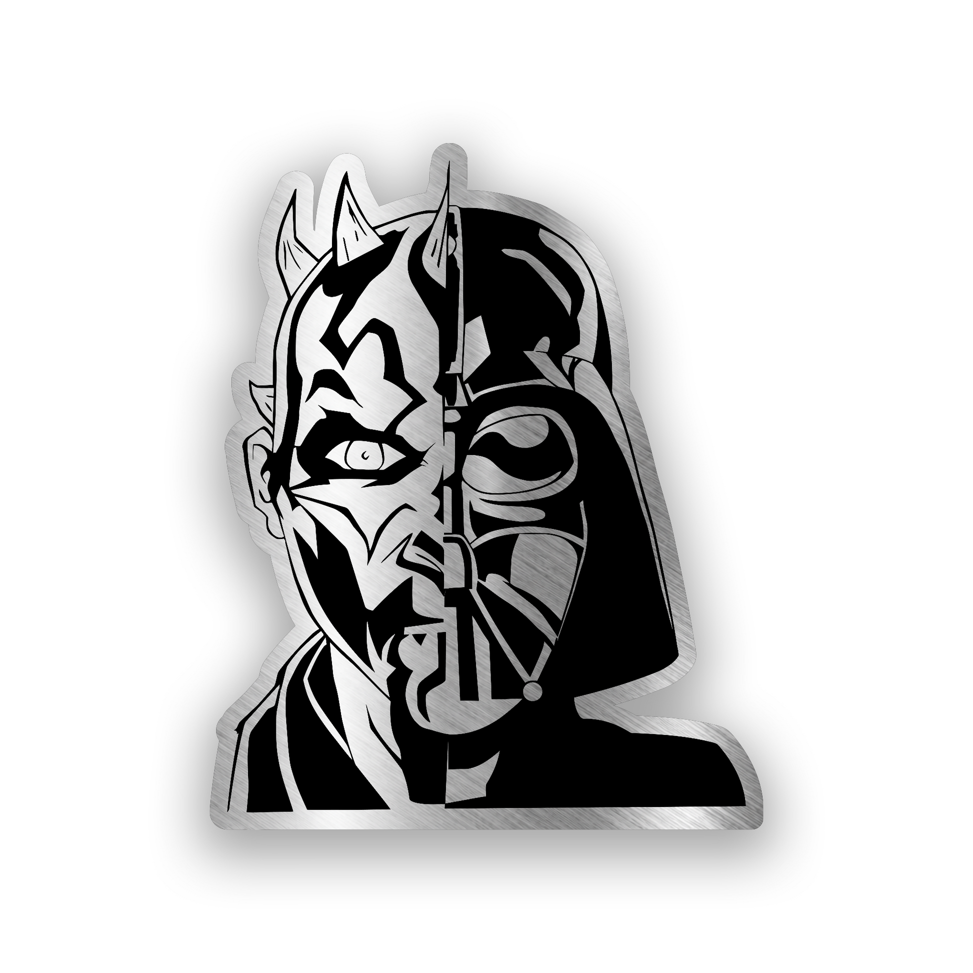 Engraved car badge featuring a split Darth Maul and Darth Vader inspired design