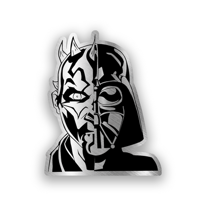 Engraved car badge featuring a split Darth Maul and Darth Vader inspired design