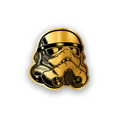 Stormtrooper style engraved car emblem with bold sci fi helmet artwork