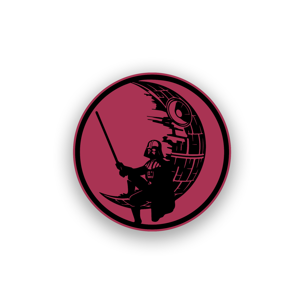 Star Wars inspired automotive badge with a moon scene and detailed Darth Vader silhouette