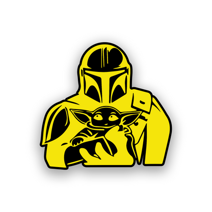 Mando and Grogu inspired engraved car emblem with detailed galactic styling