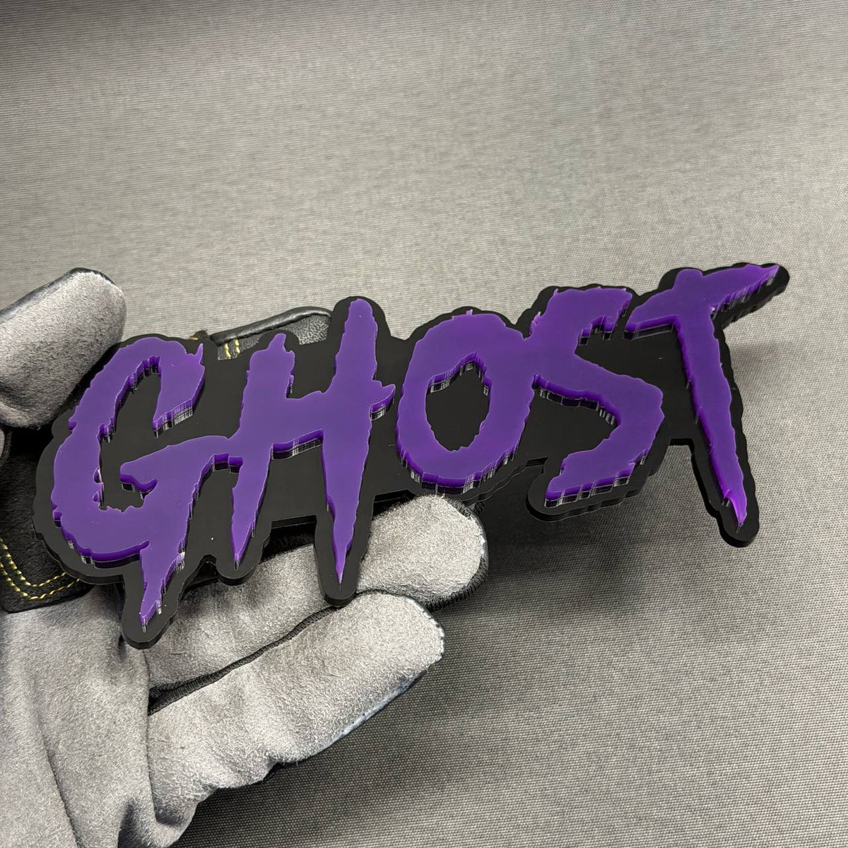 Custom GHOST fender badge and tailgate emblem in purple and black for Ford, Chevrolet, Dodge, RAM, GMC and Jeep vehicles