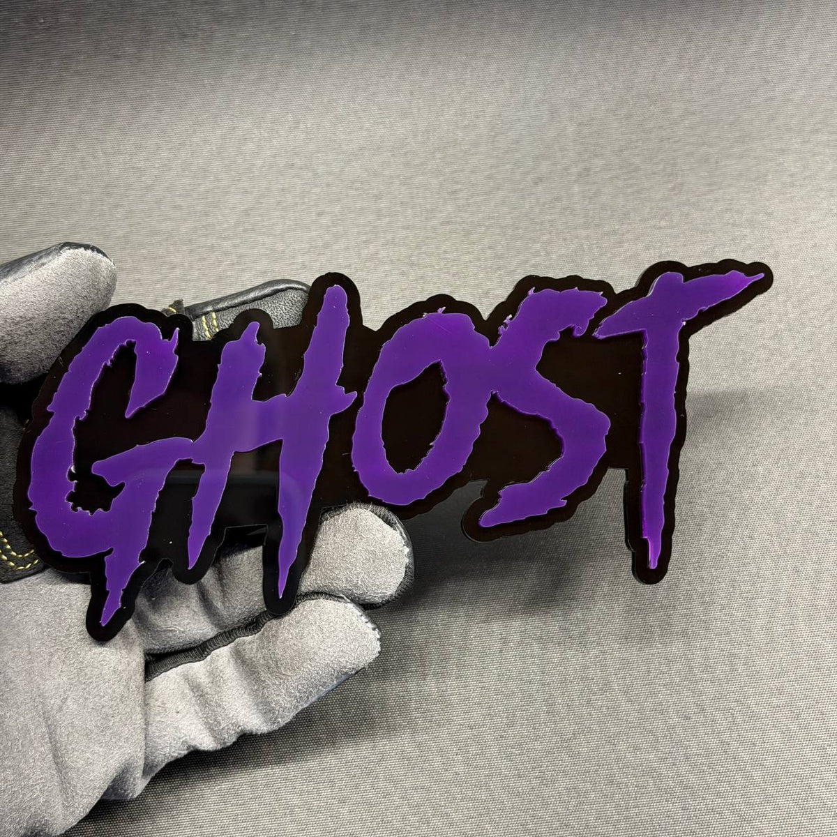 Purple GHOST custom car emblem with black background for Ford, Chevy, GMC, Dodge, Jeep and RAM cars and trucks
