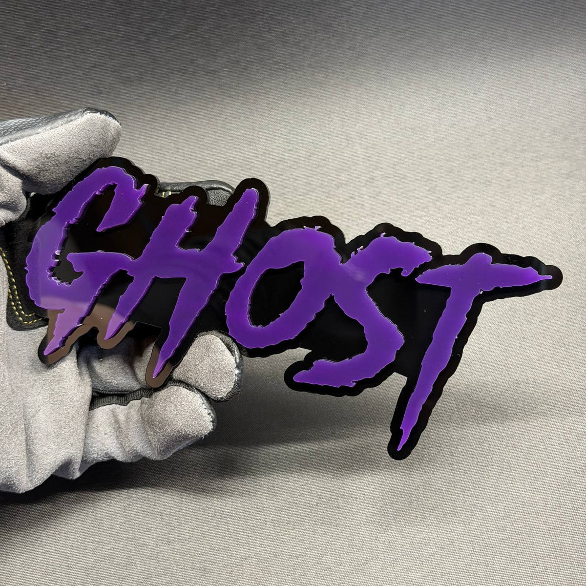 GHOST text automotive badge for Mustang, Camaro, Challenger, Charger, F-150, Silverado, RAM and Jeep customization