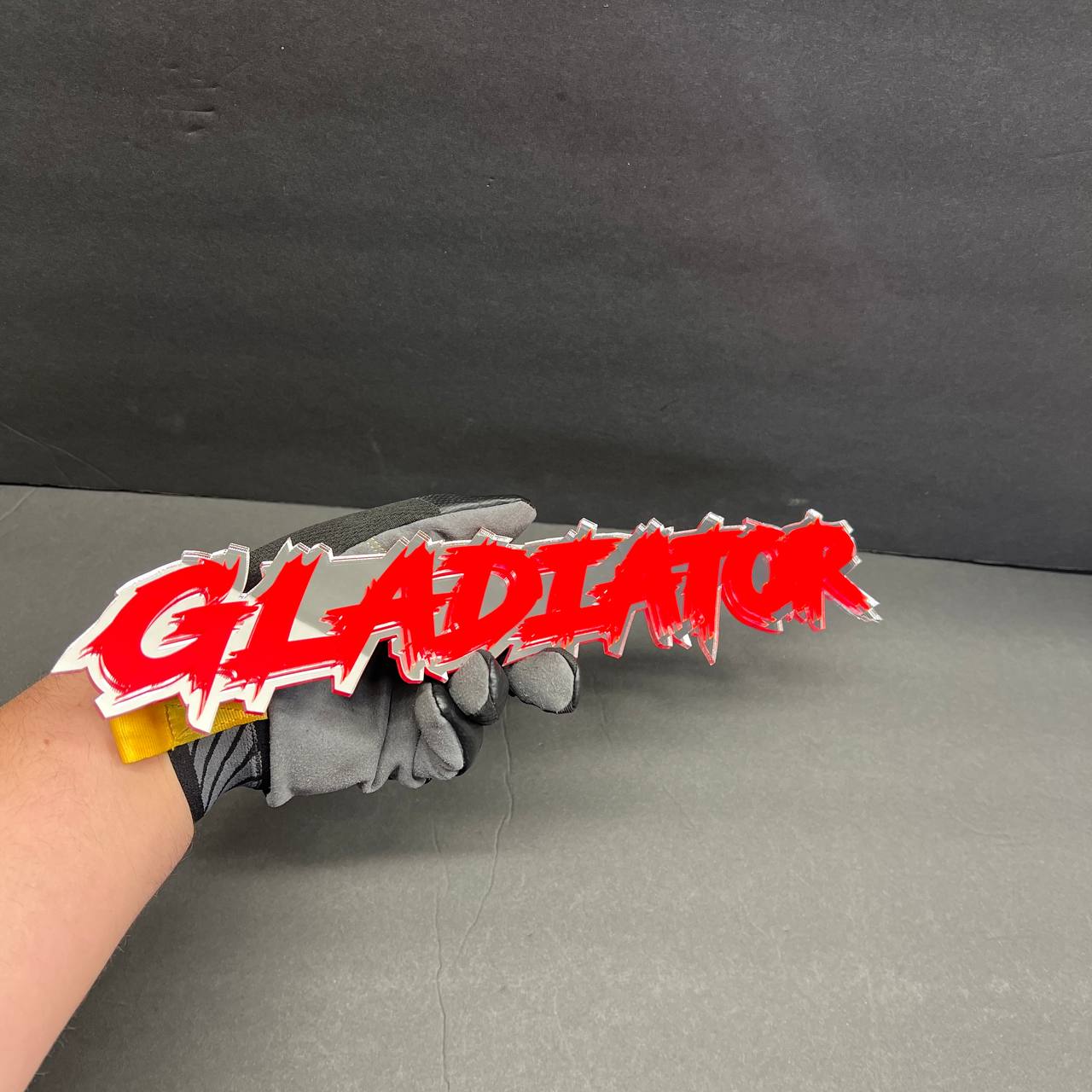 Handmade GLADIATOR text emblem for Jeep Gladiator exterior custom upgrade.
