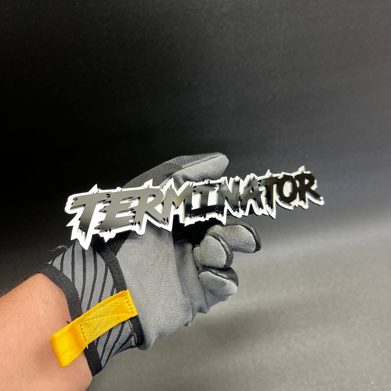 Custom acrylic TERMINATOR nameplate badge for hood, tailgate, window, and fender applications