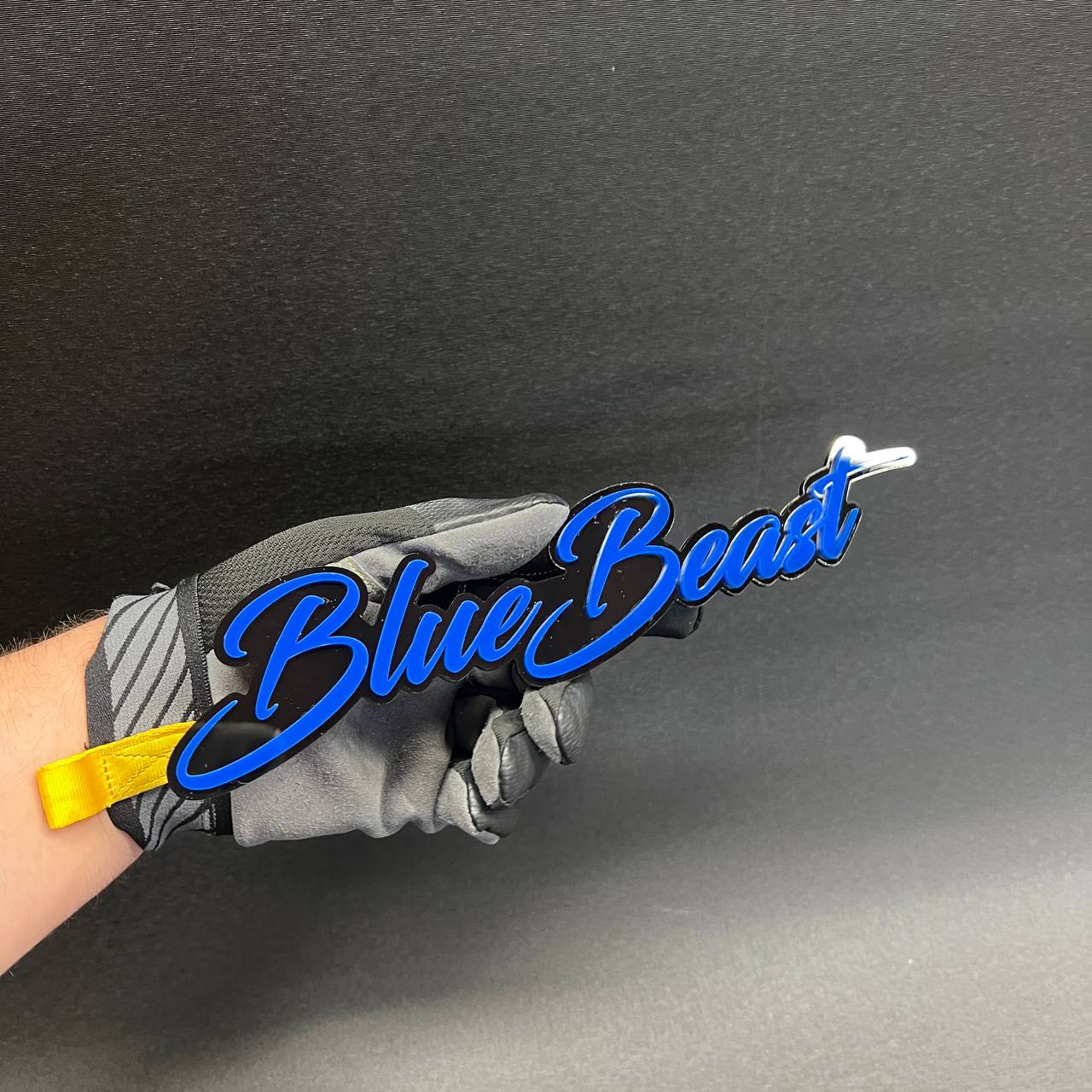 Custom text acrylic car badge in blue cursive script style