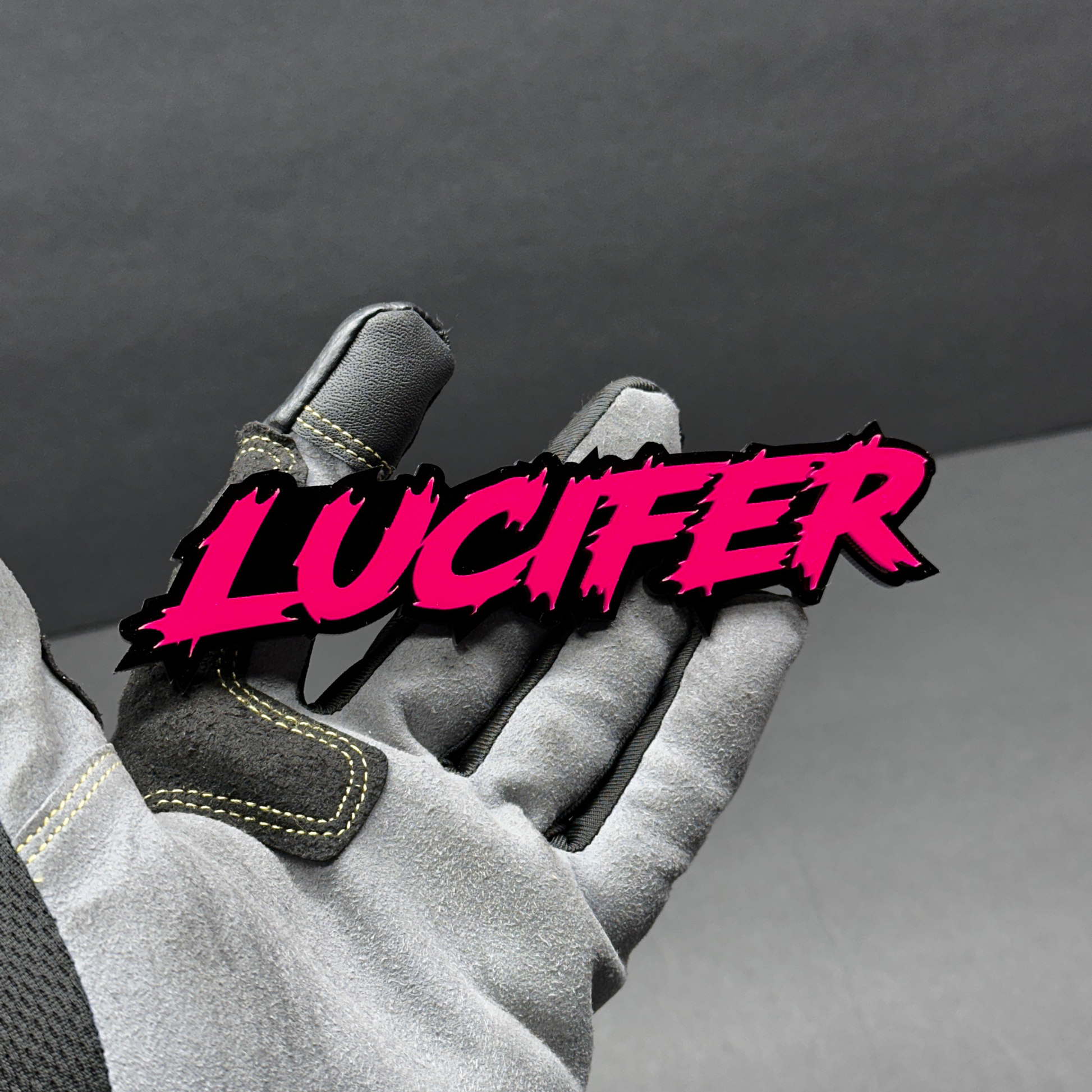 Lucifer text car badge with aggressive font for truck and muscle car customization