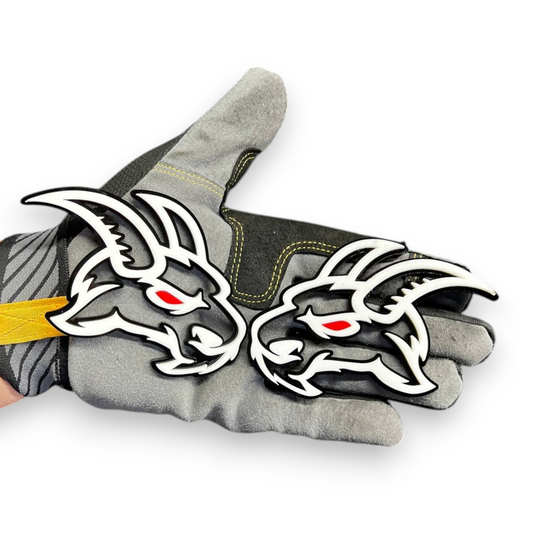 goat head acrylic badge on Toyota Tacoma tailgate decal