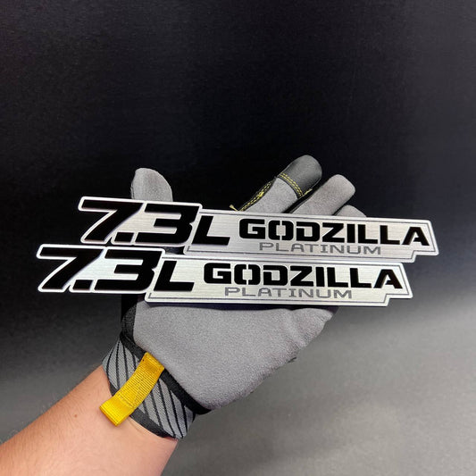 7.3L Godzilla Platinum car badge fender emblem in silver and black finish