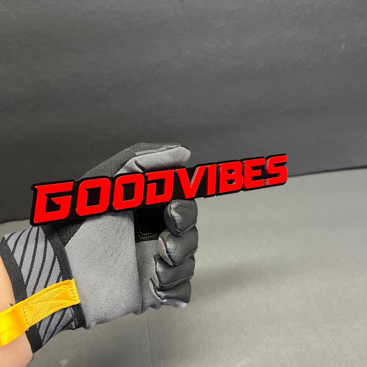 Good Vibes custom acrylic emblem for Tesla Model 3 and Model Y accessories.
