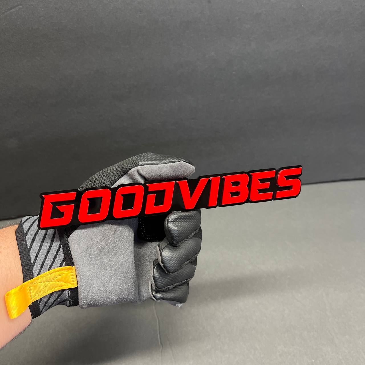Good Vibes acrylic auto decal for Chevy Silverado and Tahoe exterior trim.