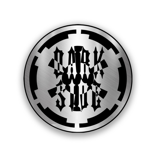 Dark Side engraved car badge with silver background and black detailing