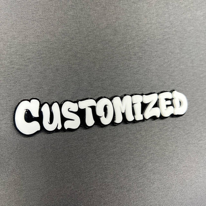 Custom text car badge with graffiti style font and bold outline