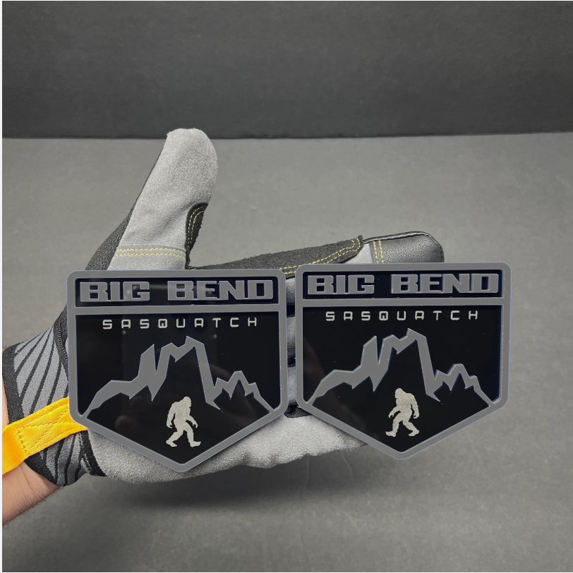 Big Bend Sasquatch emblem badge with mountain design for Ford Bronco, F-150, off-road trucks and SUVs
