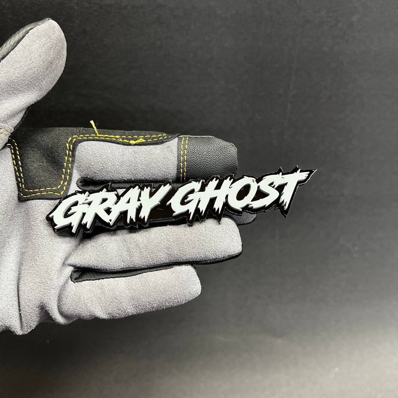 Custom Gray Ghost text badge car fender emblem with bold white and black design