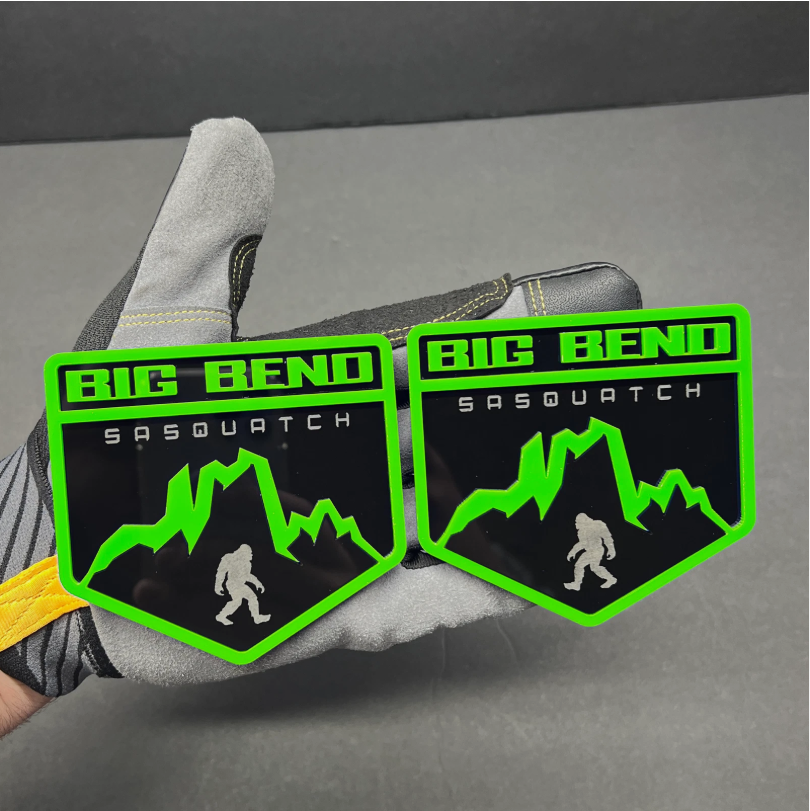 Pair of Big Bend Sasquatch off-road badges for Ford Bronco, Jeep Wrangler, Toyota 4Runner trucks