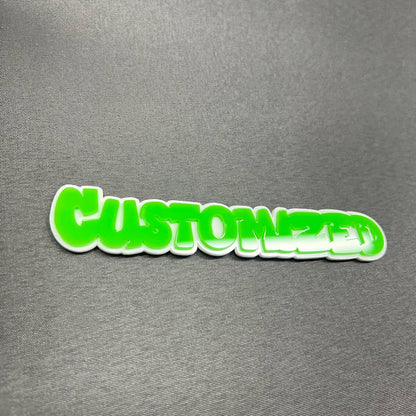 Custom word car badge with bold graffiti style lettering and clean outline