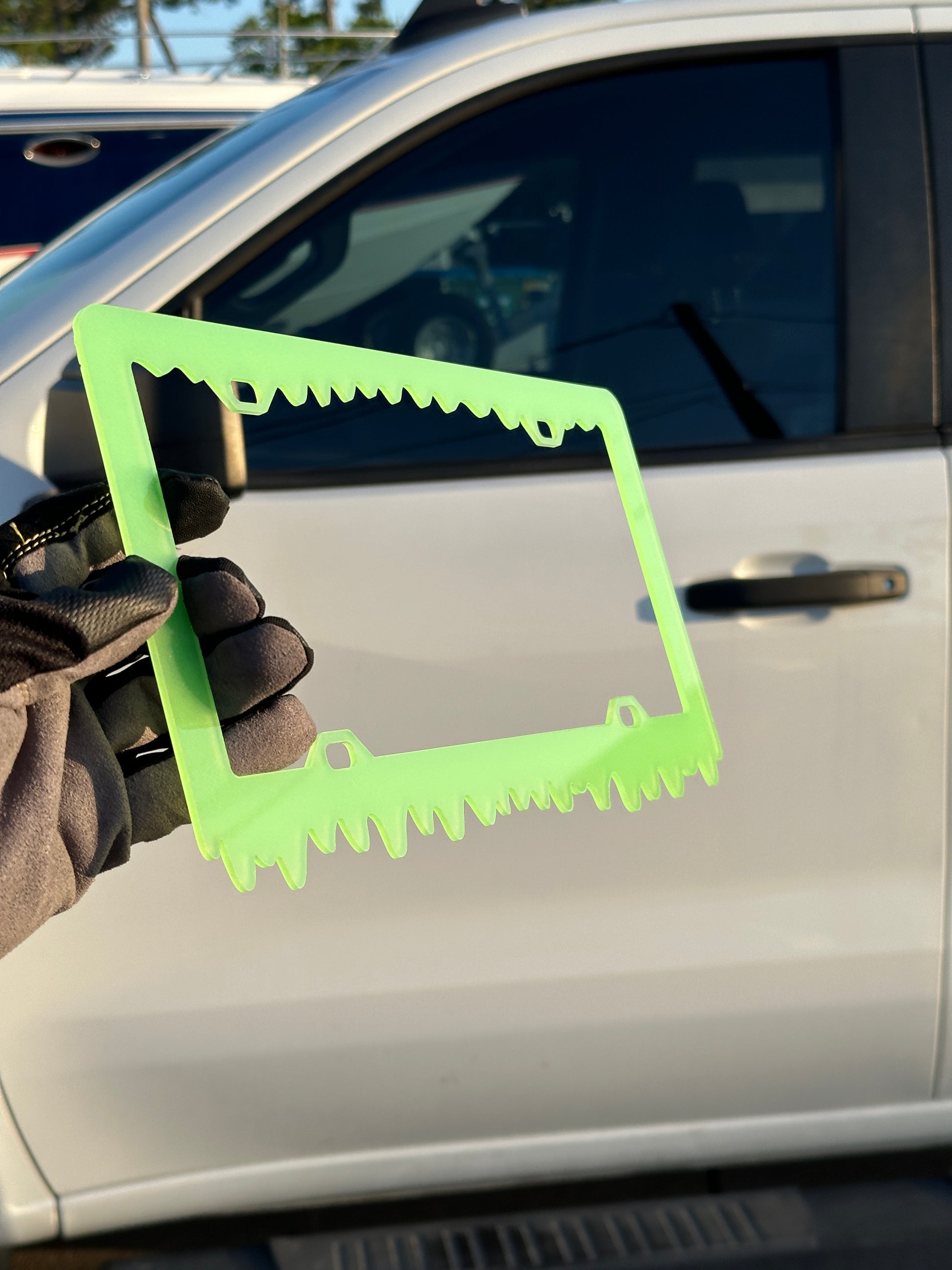 Bright green glow license plate frame for custom vehicle exterior