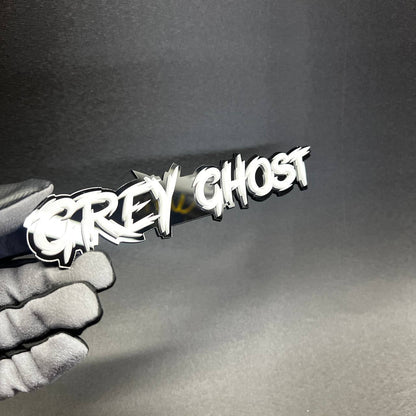 Grey Ghost custom text badge made from layered acrylic, great for muscle car fender, hood, trunk, or tailgate decal placement.