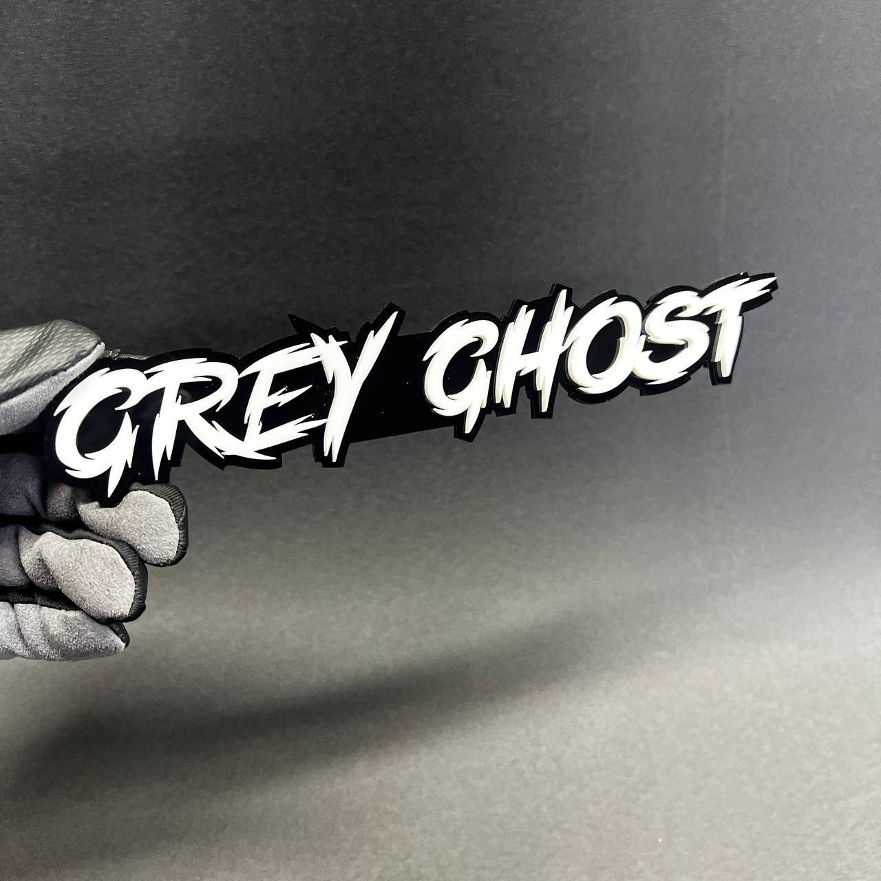 Custom Grey Ghost acrylic badge designed for muscle cars, trucks, and performance builds needing a unique text decal