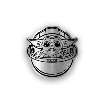 Baby Yoda inspired engraved car badge with cute galactic character emblem design