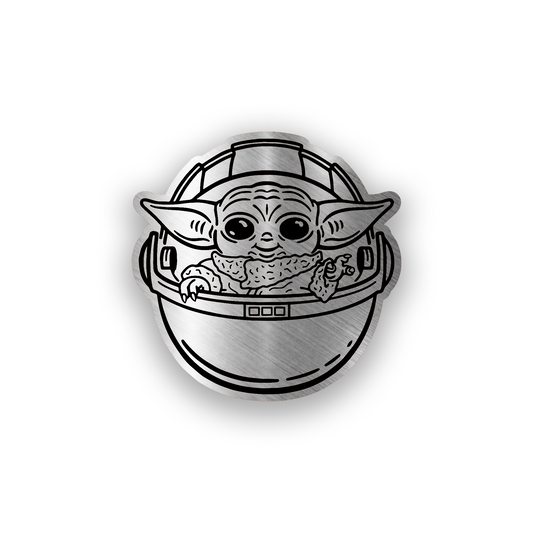 Baby Yoda inspired engraved car badge with cute galactic character emblem design