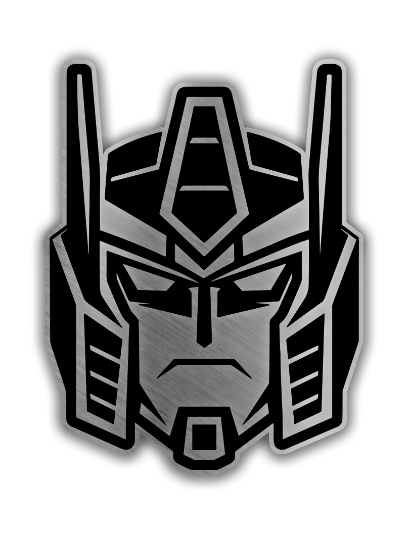 Gundam inspired engraved car badge with brushed metal robot head design and black outline