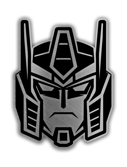 Gundam inspired engraved car badge with brushed metal robot head design and black outline