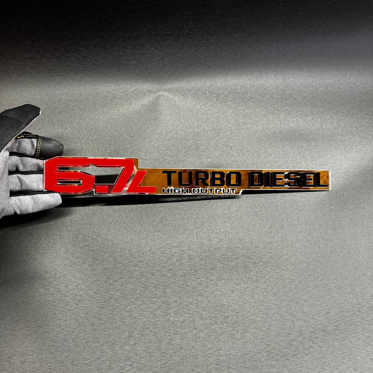 Acrylic 6.7 liter turbo diesel side emblem designed for diesel truck styling.