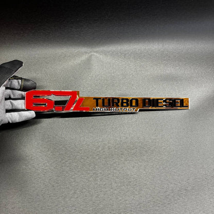 Acrylic 6.7 liter turbo diesel side emblem designed for diesel truck styling.