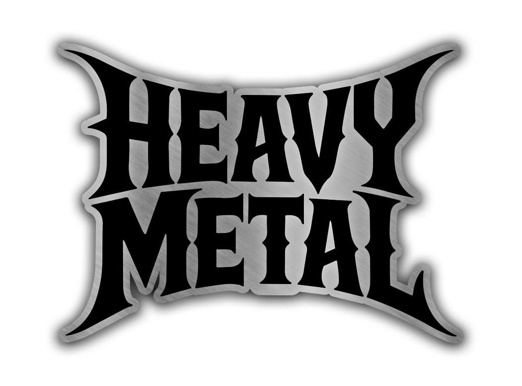 Heavy Metal engraved car badge fender emblem with brushed silver metal style and bold black lettering for truck or car exterior decoration.