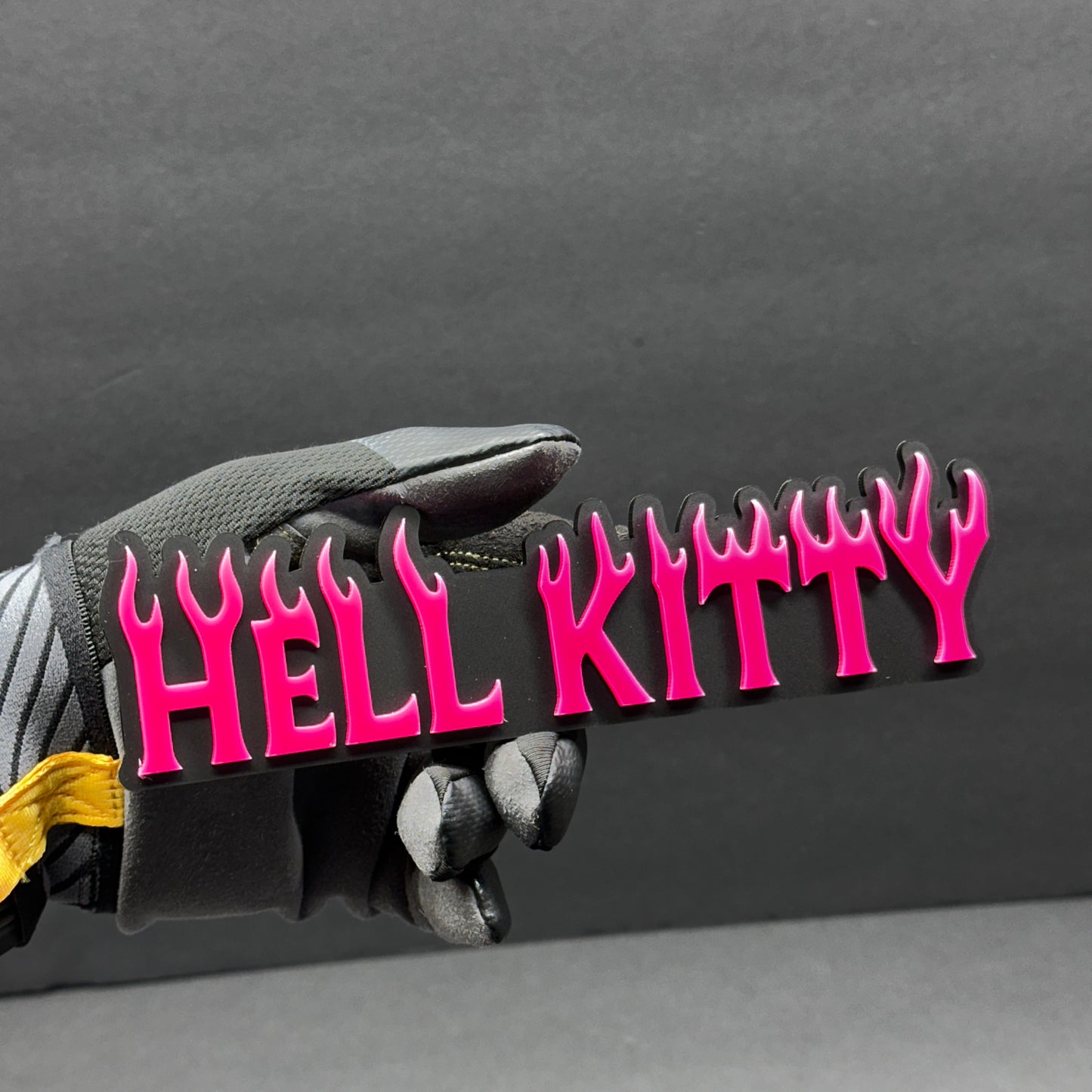 Hell Kitty automotive acrylic badge with flame font for Tacoma