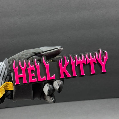 Hell Kitty automotive acrylic badge with flame font for Tacoma