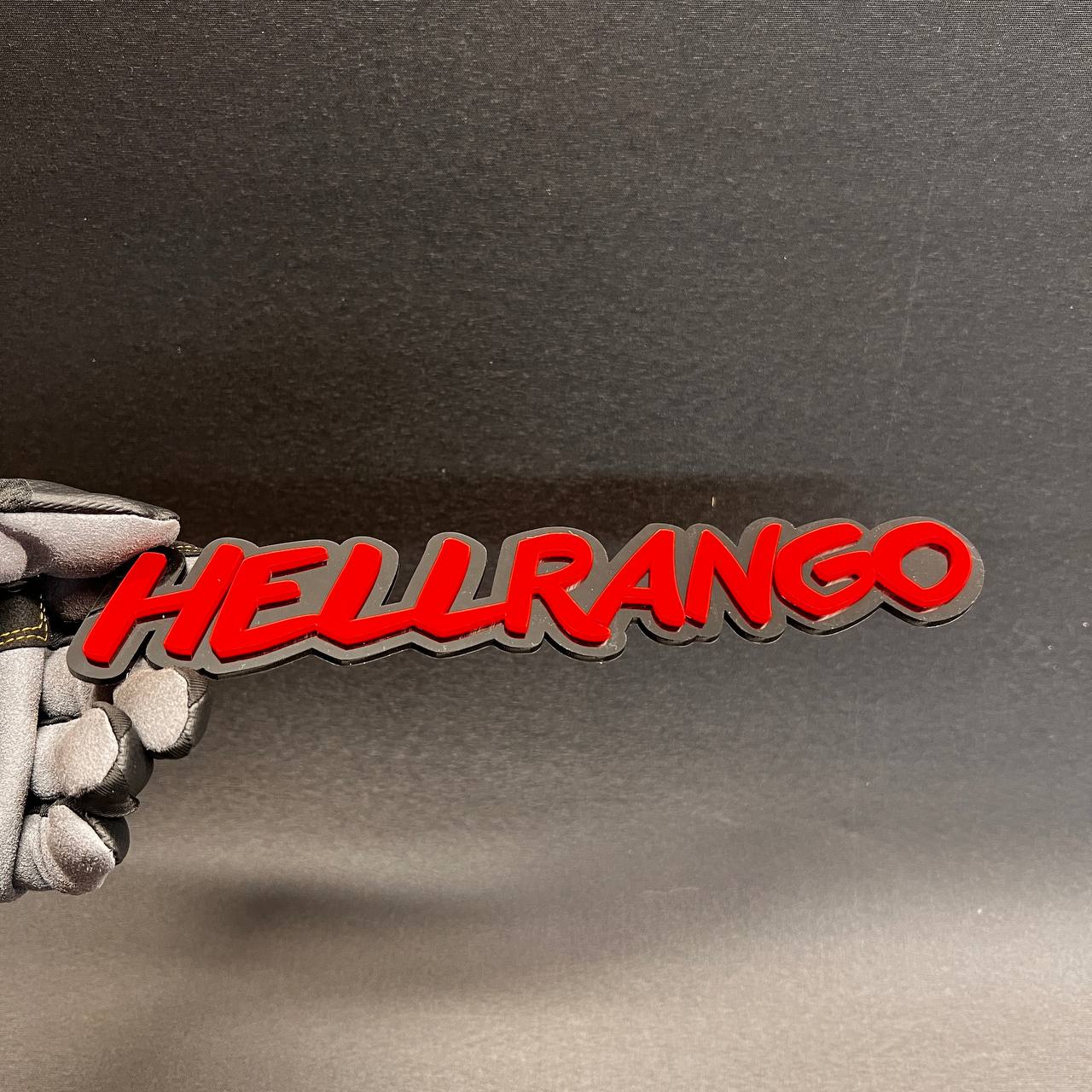 Red HELLRANGO car emblem on black backing for exterior use