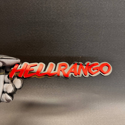 HELLRANGO performance style vehicle badge with red lettering